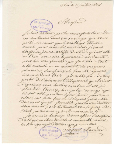 Correspondance du peintre et graveur Sergent-Marceau, beau-frère du général Marceau