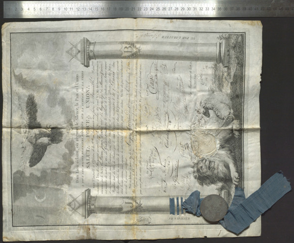 Archives de Pierre-Jean David d'Angers : brevet de maître maçon (1811), liste de ses œuvres, essais sur l'art et sur ses œuvres, correspondances.