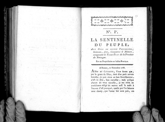 La Sentinelle du peuple, aux gens de toutes professions... composant le Tiers-État de la province de Bretagne, par un propriétaire en ladite province. N. 1 [-5], 10 novembre [-25 décembre] 1788