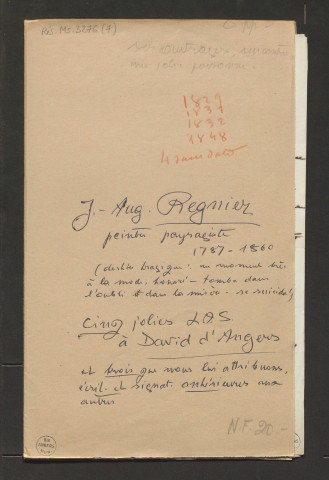 Correspondance passive de Pierre-Jean David d'Angers provenant de la collection d'André Bruel. Dossier 7, Lettres autographes de Jacques-Auguste Régnier à David d'Angers