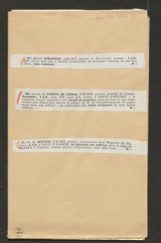 Correspondance passive de Pierre-Jean David d'Angers provenant de la collection d'André Bruel. Dossier 5, Lettres autographes d'Alfred Johannot, du Comte Turpin de Crissé et de Ch. M. Bouton à David d'Angers