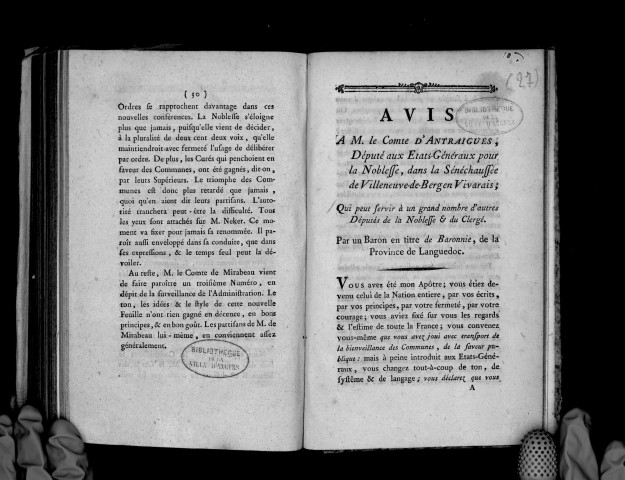 Avis à M. le comte d'Antraigues, député aux Etats-Généraux..., qui peut servir à un grand nombre d'autres députés de la noblesse et du clergé, par un baron en titre de baronnie de la province du Languedoc