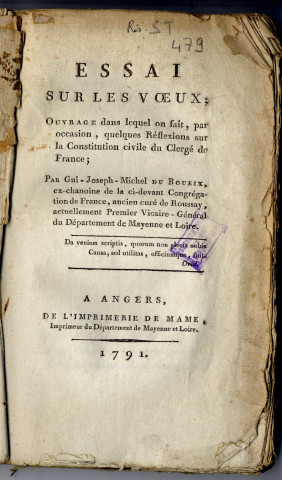 Essai sur les voeux, ouvrage dans lequel on fait par occasion, quelques réflexions sur la Constitution civile du Clergé de France