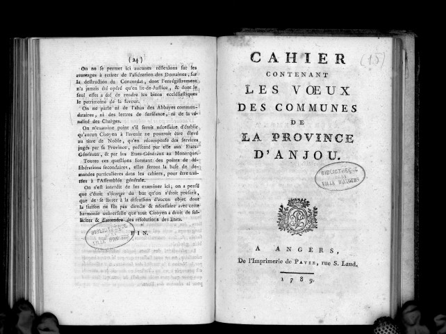 Cahier contenant les voeux des communes de la province d'Anjou