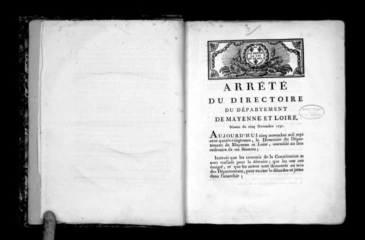 Arrêté du directoire du département de Mayenne-et-Loire. Séance du 5 novembre 1791
