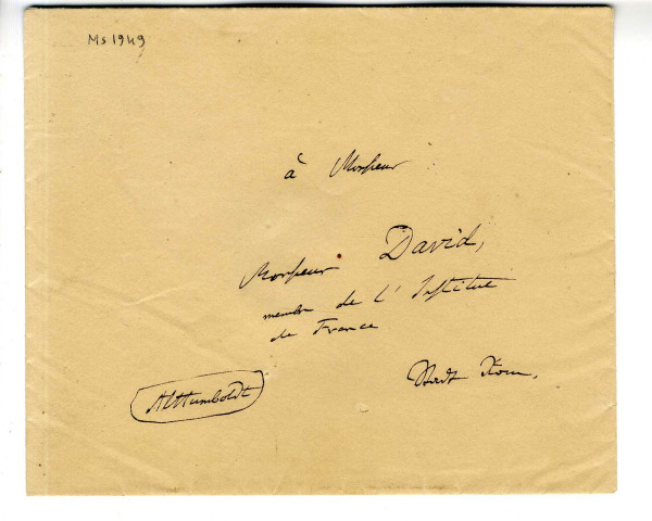 Correspondance de A. Humboldt [à Pierre-Jean David d'Angers et Gaudichaud]