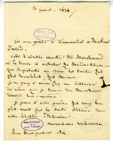 Correspondance de la poétesse Mme Desbordes-Valmore avec Pierre-Jean David d'Angers