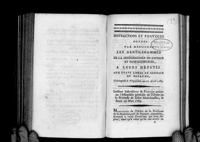 Instructions et pouvoirs donnés par MM. les gentilhommes de la sénéchaussée de Saumur et pays saumurois à leurs députés aux Etats-Généraux