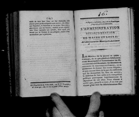 L'administration départementale de Maine-et-Loire à l'administration municipale du canton de...