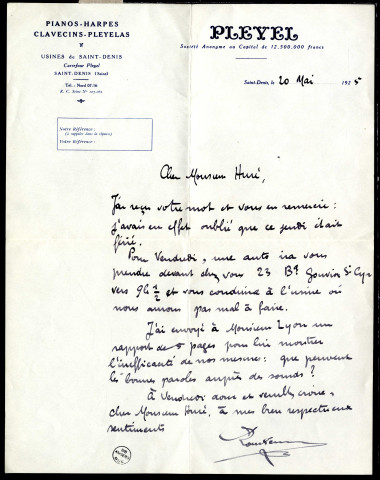 Lettre à en-tête "Pleyel, Société de pianos", signée Louis-Eugène Rochesson à Jean Huré.