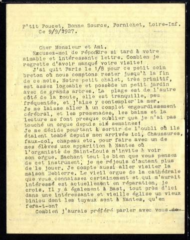 Lettre d'André Marchal à Jean Huré