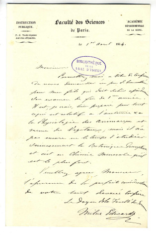 Correspondance de Milne-Edwards [à Lallemand]