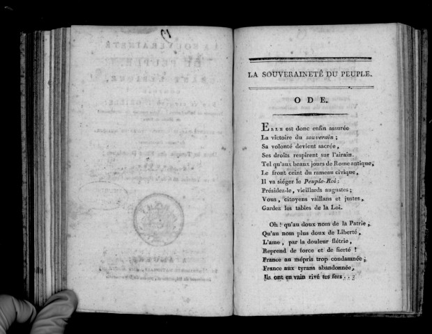 La souveraineté du peuple, chant lyrique ; composé par le citoyen T. Grille ; professeur de belles-lettres à l'Ecole centrale du département de Maine et Loire ; et exécuté par le Conservatoire de musique du même département, dans le temple des fêtes décadaires ; à Angers, le 30 Ventôse an 6 de la République française.