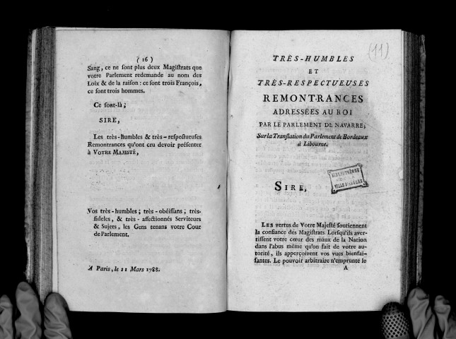 Très-humbles et très-respectueuses remontrances adressées au roi par le Parlement de Navarre, sur la translation du Parlement de Bordeaux à Libourne, 20 décembre 1787