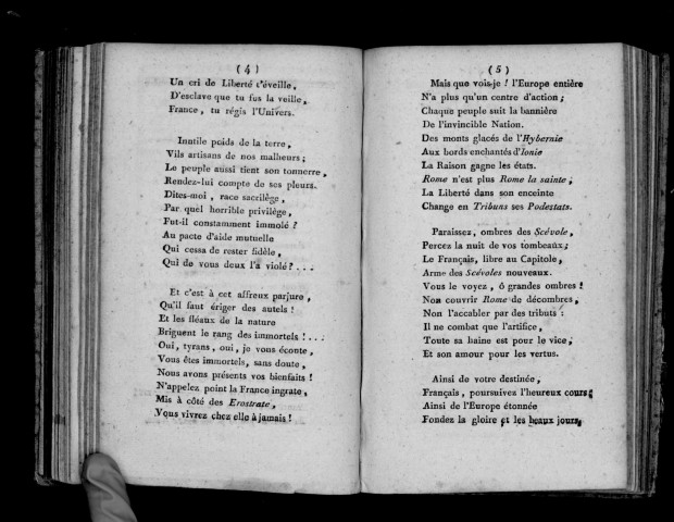 La souveraineté du peuple, [chant lyrique ; composé par le citoyen T. Grille ; professeur de belles-lettres à l'Ecole centrale du département de Maine et Loire ; et exécuté par le Conservatoire de musique du même département, dans le temple des fêtes décadaires ; à Angers, le 30 Ventôse an 6 de la République française.]