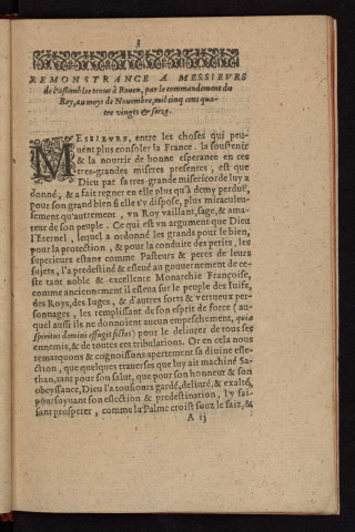 Remonstrance à messieurs de l'Assemblée tenue à Rouen, par le commandement du roy, au mois de novembre 1596, par M. René Benoist