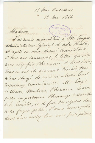 Correspondance de Régnier, de la Comédie française, adressée à Pierre Jean David d'Angers et son épouse