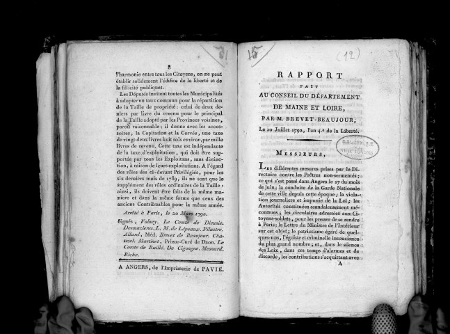 Rapport fait au conseil du département de Maine-et-Loire, par M. Brevet-Beaujour, le 10 juillet 1792