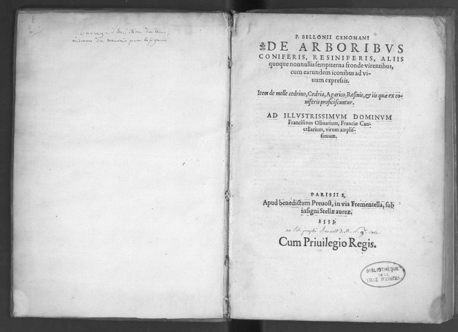 P. Bellonii Cenomani [liber] de arboribus coniferis, resiniferis, aliis quoque nonnullis sempiterna fronde virentibus, cum earundem iconibus ad vivum expressis