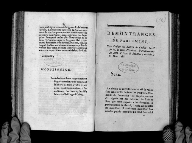 Remontrances du Parlement sur l'usage des lettres de cachet, l'exil de M. le duc d'Orléans, {et} l'enlèvement de MM. Fréteau {et} Sabatier, arrêtés le 11 mars 1788.