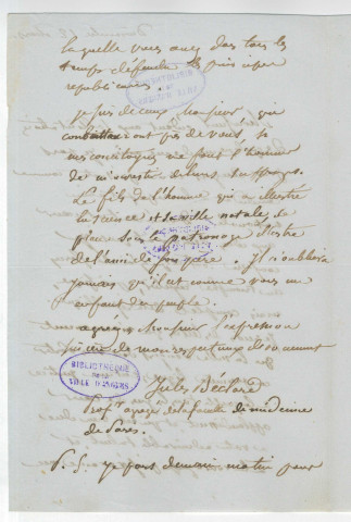 Correspondance de Jules Béclard, professeur agrégé de la Faculté de Médecine de Paris [à Pierre-Jean David d'Angers]