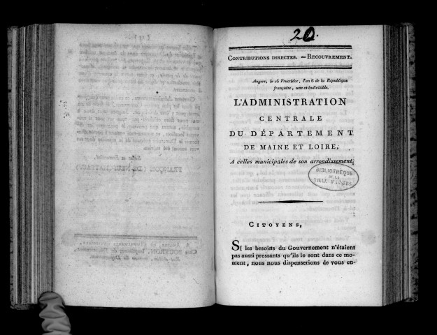 Contributions directes, Recouvrement. Département de Maine-et-Loire, an VI