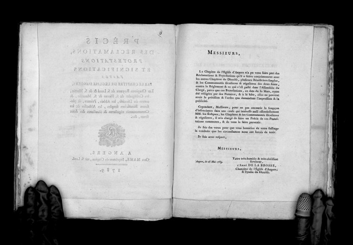 Précis des réclamations, protestations et significations faites par le chapitre de l'Eglise d'Angers