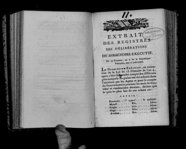 Extrait des registres des délibérations du Directoire exécutif du 19 frimaire an IV