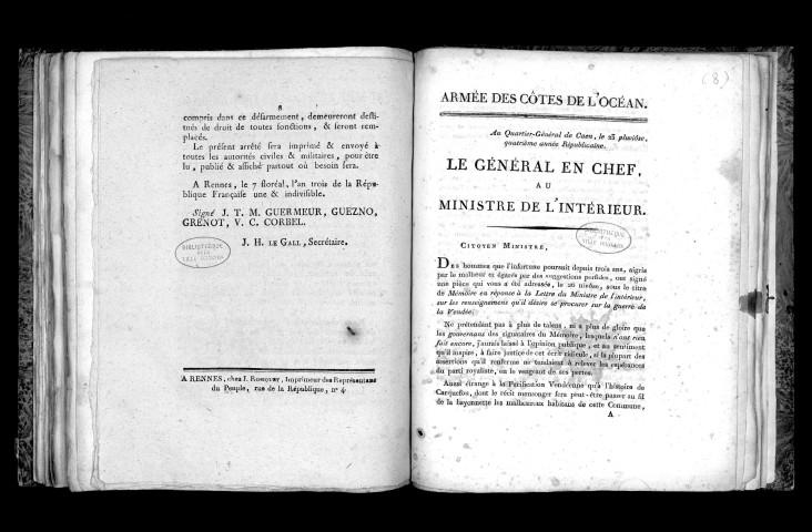 Le général en chef de l'armée des côtes de l'Océan au ministre de l'intérieur (23 pluviôse an IV), Signé L. Hoche