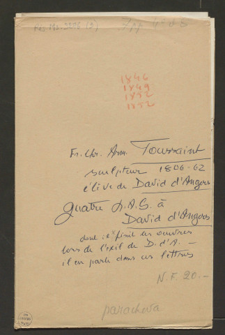 Correspondance passive de Pierre-Jean David d'Angers provenant de la collection d'André Bruel. Dossier 9, Lettres autographes de Fr. Chr. Arm. Toussaint à David d'Angers
