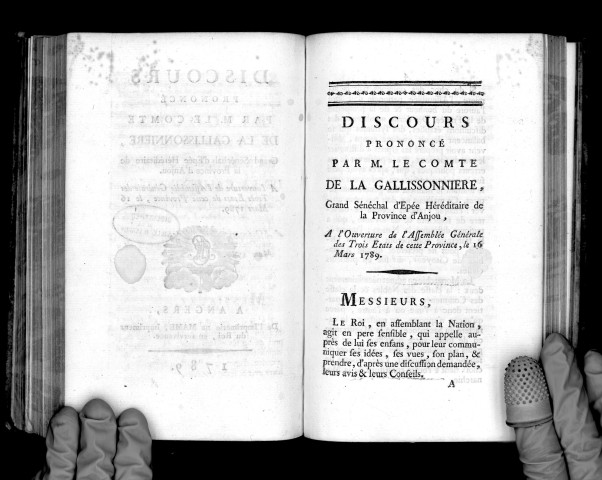 Discours prononcé par M. le Cte de la Galissonnière, grand sénéchal d'épée héréditaire de la province d'Anjou, à l'ouverture de l'Assemblée générale des trois états de cette province, le 16 mars 1789