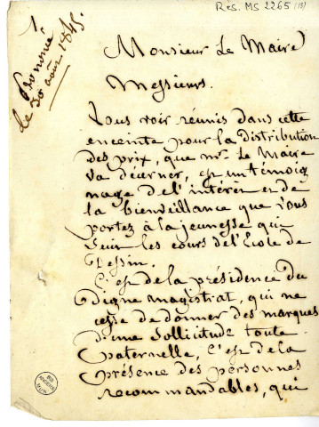 Discours de Jean-Michel Mercier, de Versailles, peintre d'histoire, aux distributions des prix de l'Ecole de dessin d'Angers dont il était directeur