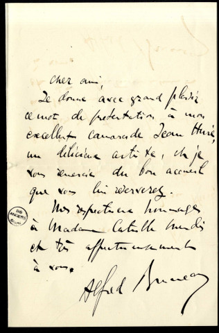 Lettre d'Alfred Bruneau à Catulle Mendès (écrivain, 1841-1909)