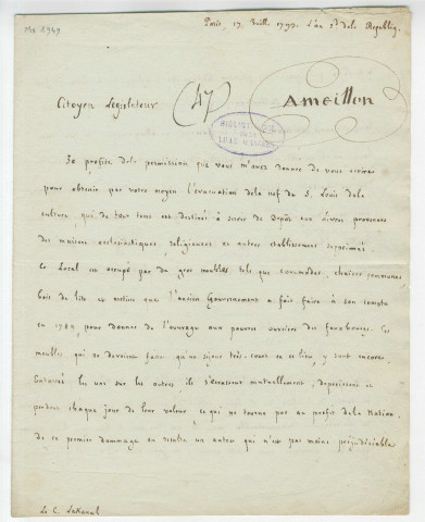 Correspondance de Ameilhon, commissaire du département aux bibliothèques nationales [à Lakanal]