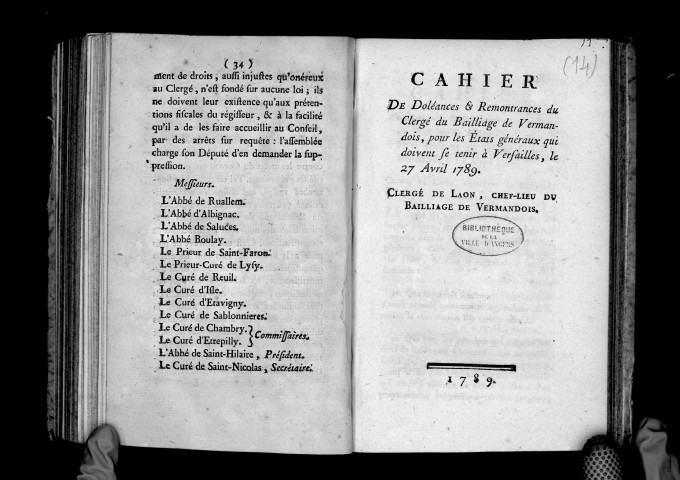 Cahier de doléances et remontrances du clergé du bailliage de Vermandois pour les Etats-Généraux, du 27 avril 1789