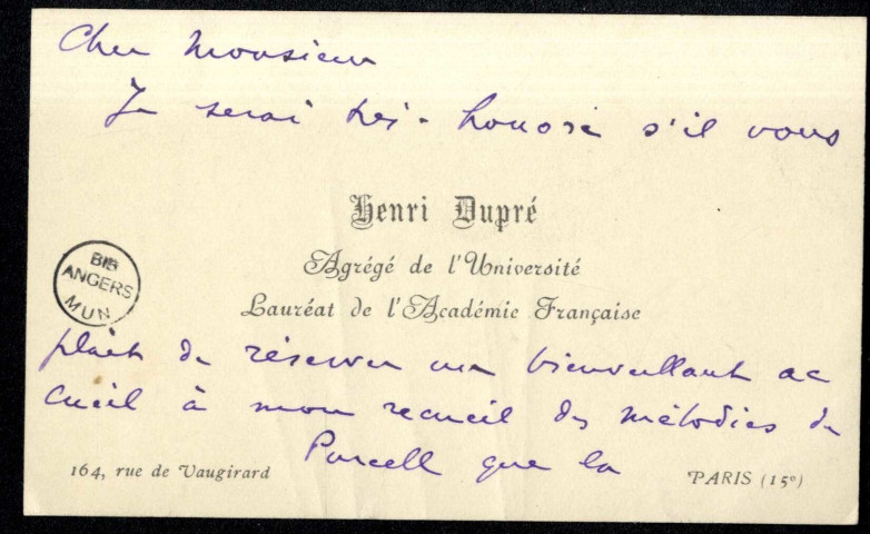 Lettre de Henri Dupré à Jean Huré