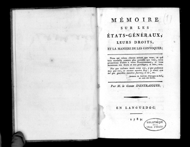 Mémoire sur les Etats-Généraux, leurs droits et la manière de les convoquer, par M. le comte d'Entraigues