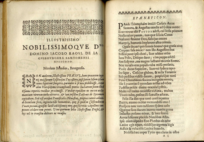 Epaeneticon illustrissimo nobilissimoque domino Jacobo Raoul de la Guibourgère, Santonensi episcopo, sedem suam adeunti, pro adventorio offerebat Nic. Brandius Broagensis