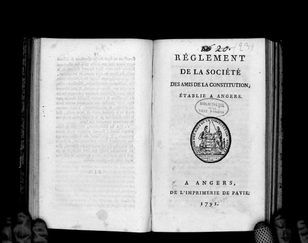 Règlement de la société des Amis de la constitution, établie à Angers