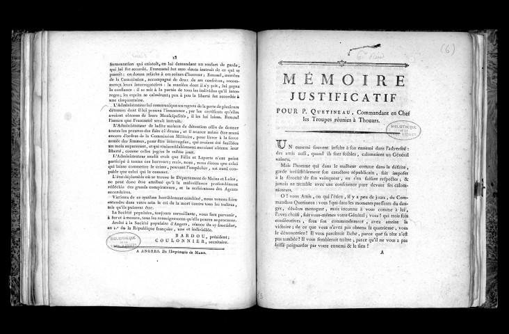 Mémoire justificatif pour P. Quetineau, commandant en chefles troupes réunies à Thouars (14 mai 1793)