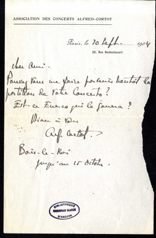Lettres d'Alfred Cortot à Jean Huré