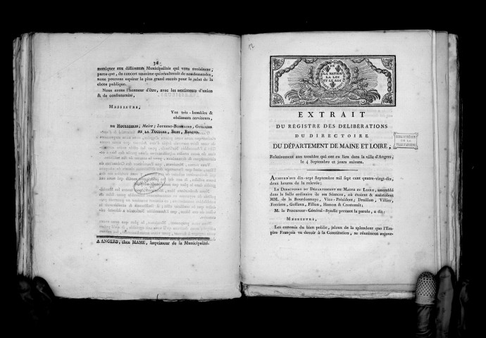 Extrait du registre des délibérations du directoire du département de Maine-et-Loire, relativement aux troubles qui ont eu lieu dans la ville d'Angers le 4 septembre 1790