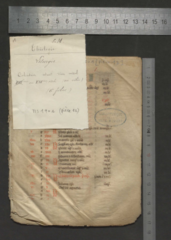 Fragment de calendrier extrait d'un missel (XIVe siècle)