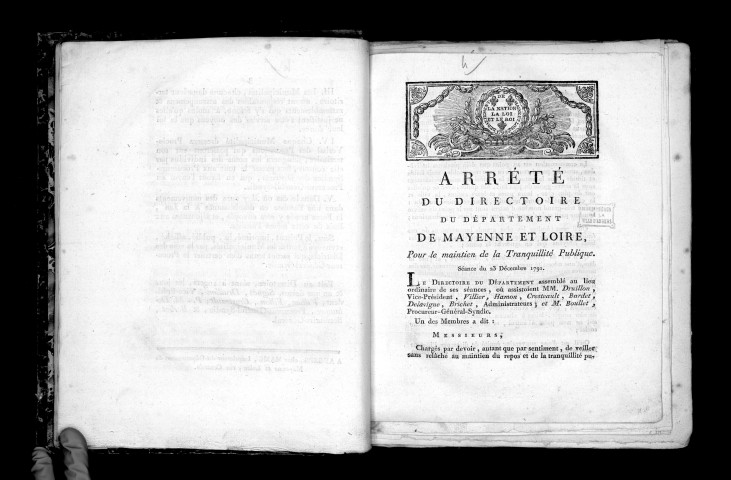 Arrêté du directoire du département de Mayenne-et-Loire. Séance du 5 novembre 1791