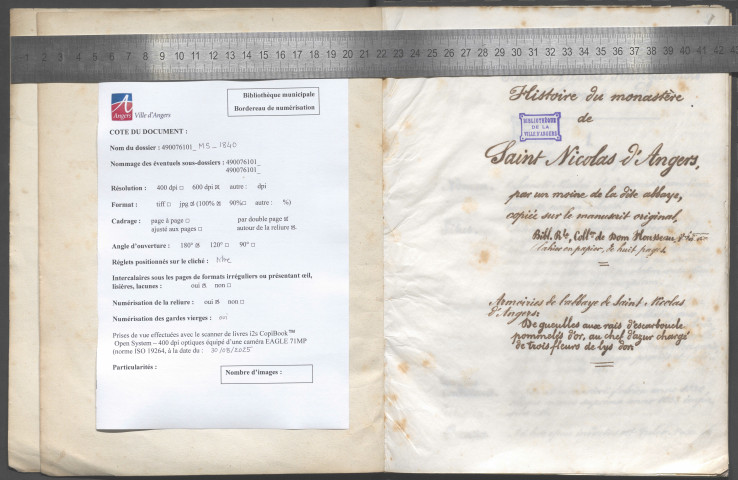 D. Housseau. Histoire du monastère de Saint-Nicolas d'Angers