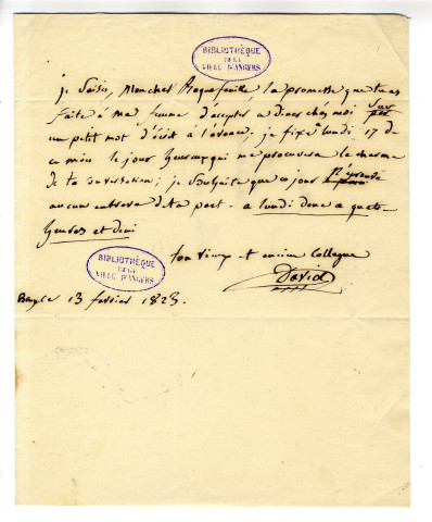 Correspondance de Louis David [avec M. de Roquefeuille]