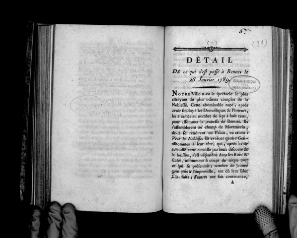 Détail de ce qui s'est passé à Rennes le 26 janvier 1789