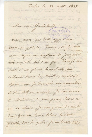 Correspondance de Quoy [à Gaudichaud et à Gubler]