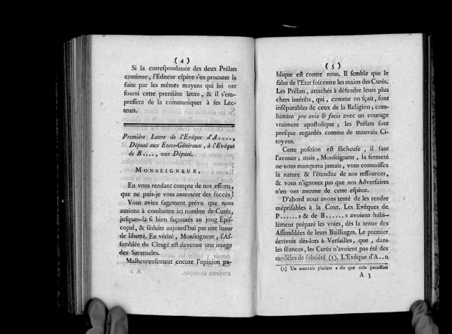 Première lettre de l'évêque d'A..., député aux Etats-Généraux, à l'évêque de B..., non député