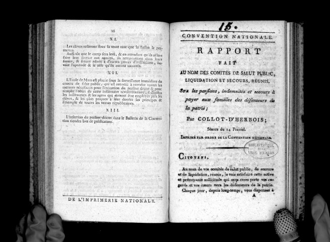 Convention nationale. Rapport fait au nom des comités de salut public, liquidation, et secours, réunis, sur les pensions, indemnités et secours à payer aux familles des défenseurs de la patrie ; par Collot d'Herbois, séance du 14 prairial. Imprimé par ordre de la Convention nationale